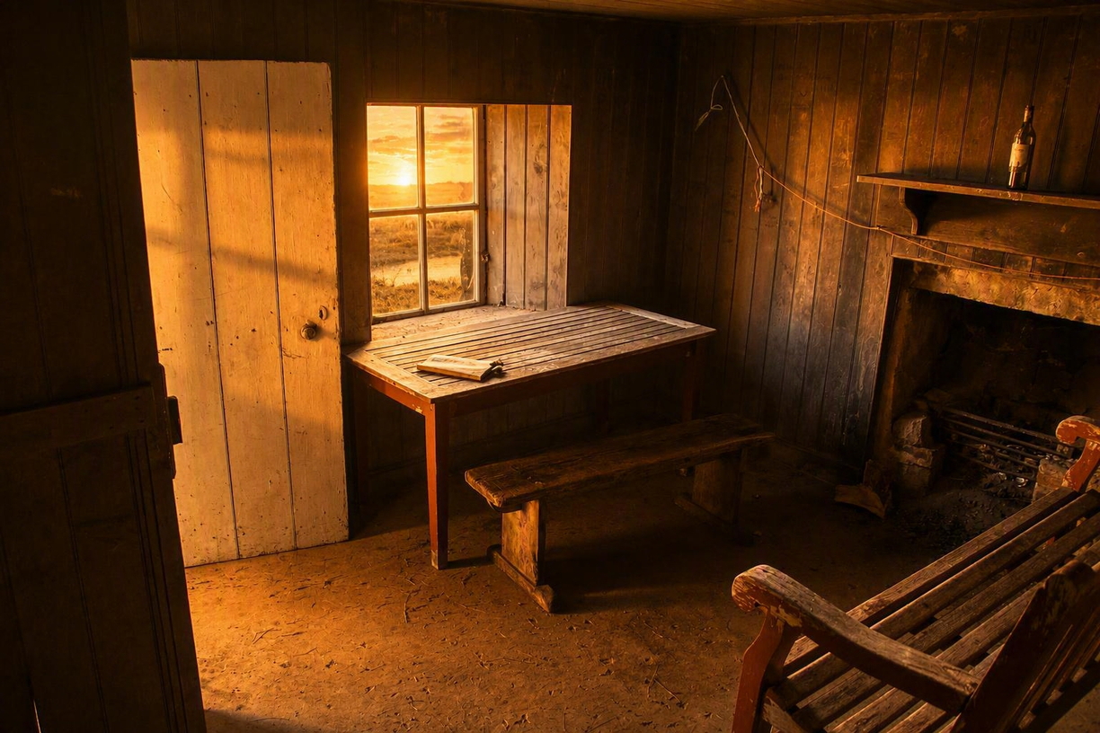 The interior of a rustic room in a bothy bathed in the warm, golden light of a sunset shining through a window. A wooden table with a small book sits in the center, accompanied by a wooden bench, with an empty fireplace and a bottle on the mantle visible on the right.